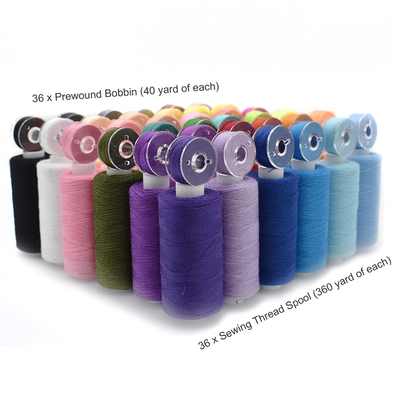 72 Pieces Bobbins Sewing Threads Kit, 36 Colors Spools 360Yards per Polyester Thread, 36 Colors Prewound Bobbin with Case for Hand Machine Sewing